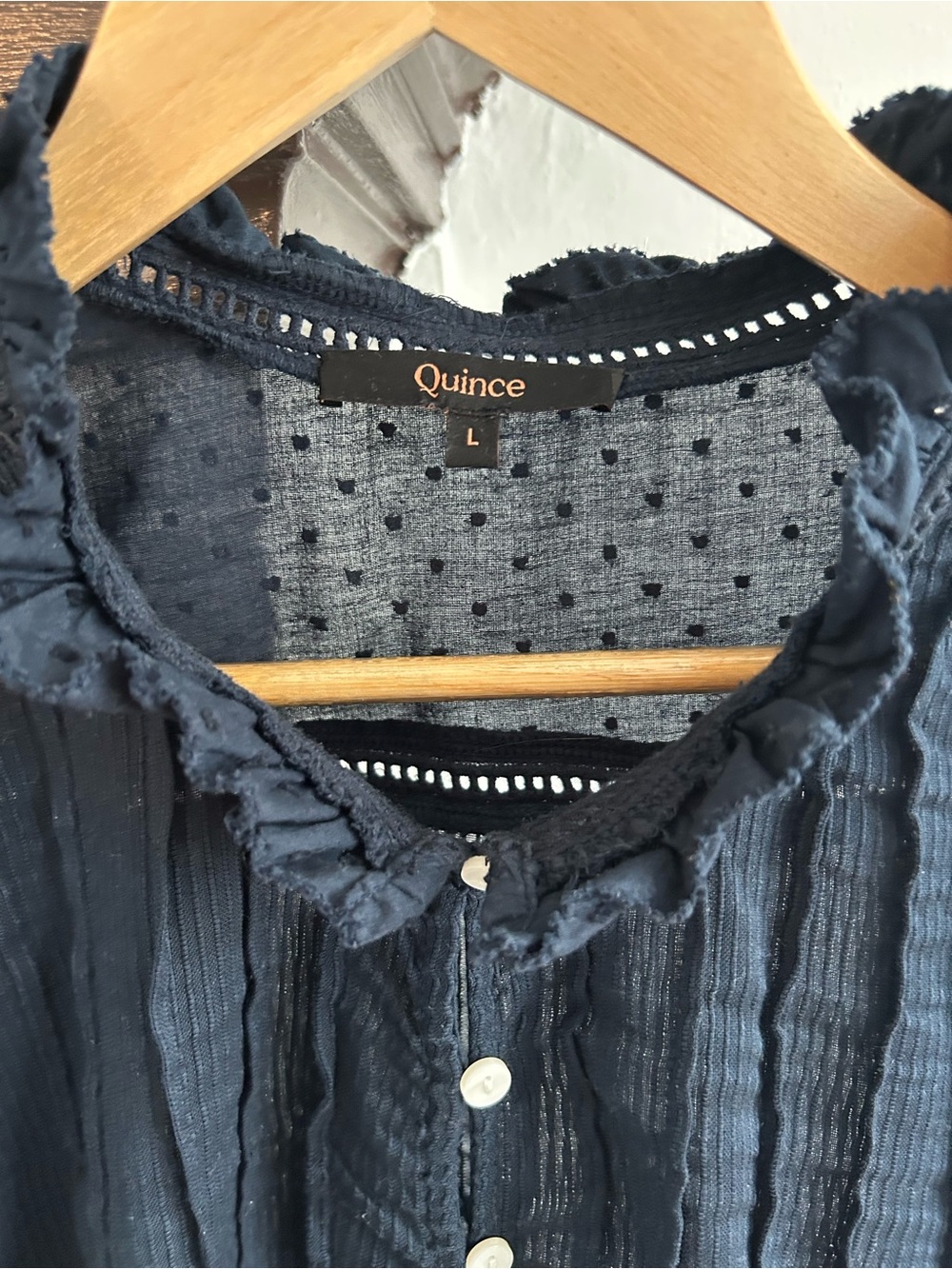 Quince Navy Ruffle Pintuck Button-Front Blouse - Picture 2 of 8